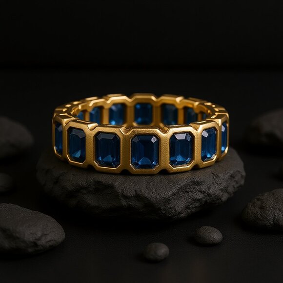 Royal Blue Emerald-Cut 14K (18k) Yellow Gold Sapphire Eternity Band Ring - Picture 3 of 6